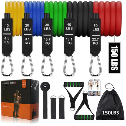 100/150 lbs Fitness Resistance Bands with Door Anchor: Muscle Training Elastic Pull Rope