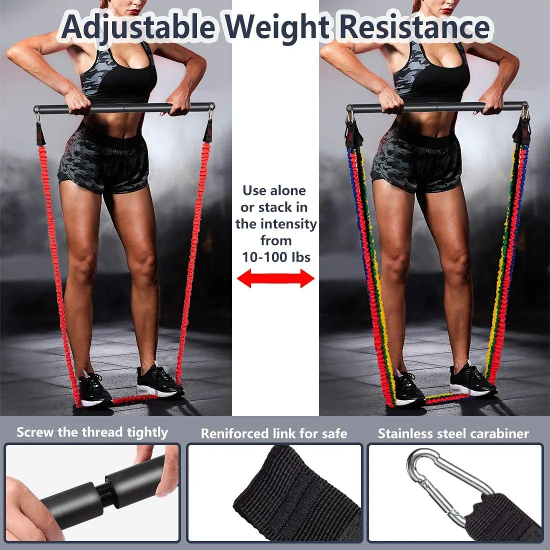 150/200/500LBS Complete Body Building Kit:  Resistance Bands and Upgrade Training Bar Set