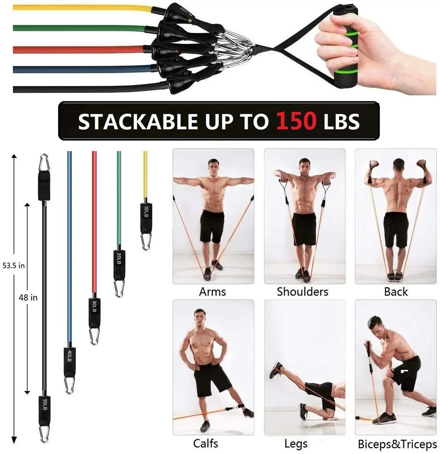 100/150 lbs Fitness Resistance Bands with Door Anchor: Muscle Training Elastic Pull Rope